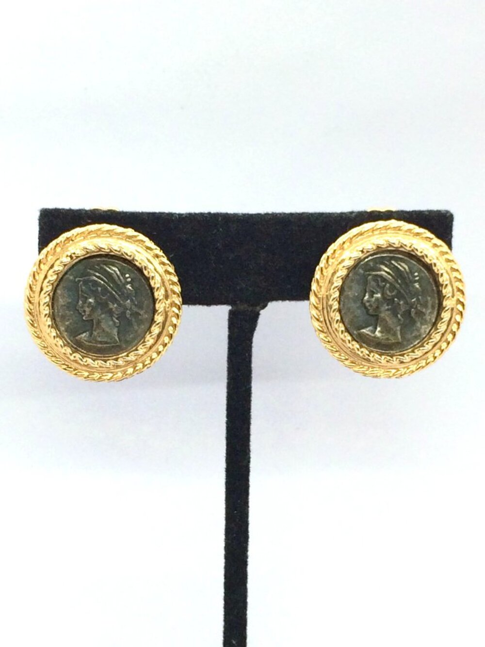 VINTAGE COIN EARRINGS Greco Roman Revival Gold Tone Rope Frame Clip On